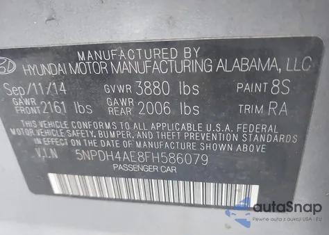 2015 Hyundai Elantra Se z USA, uszkodzony, nr VIN 5NPDH4AE8FH586079